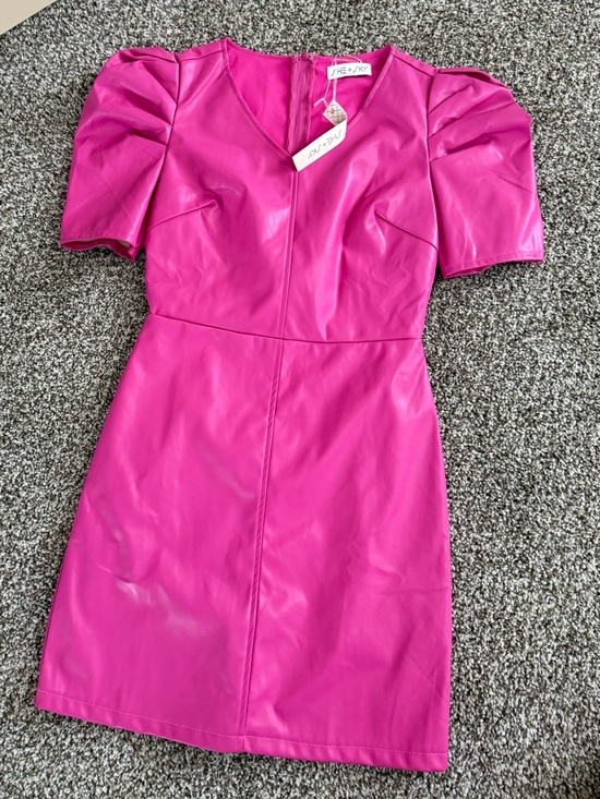 She + Sky Dresses & Skirts - She + Sky Hot Pink Faux Leather Puff-Sleeve Mini Dress